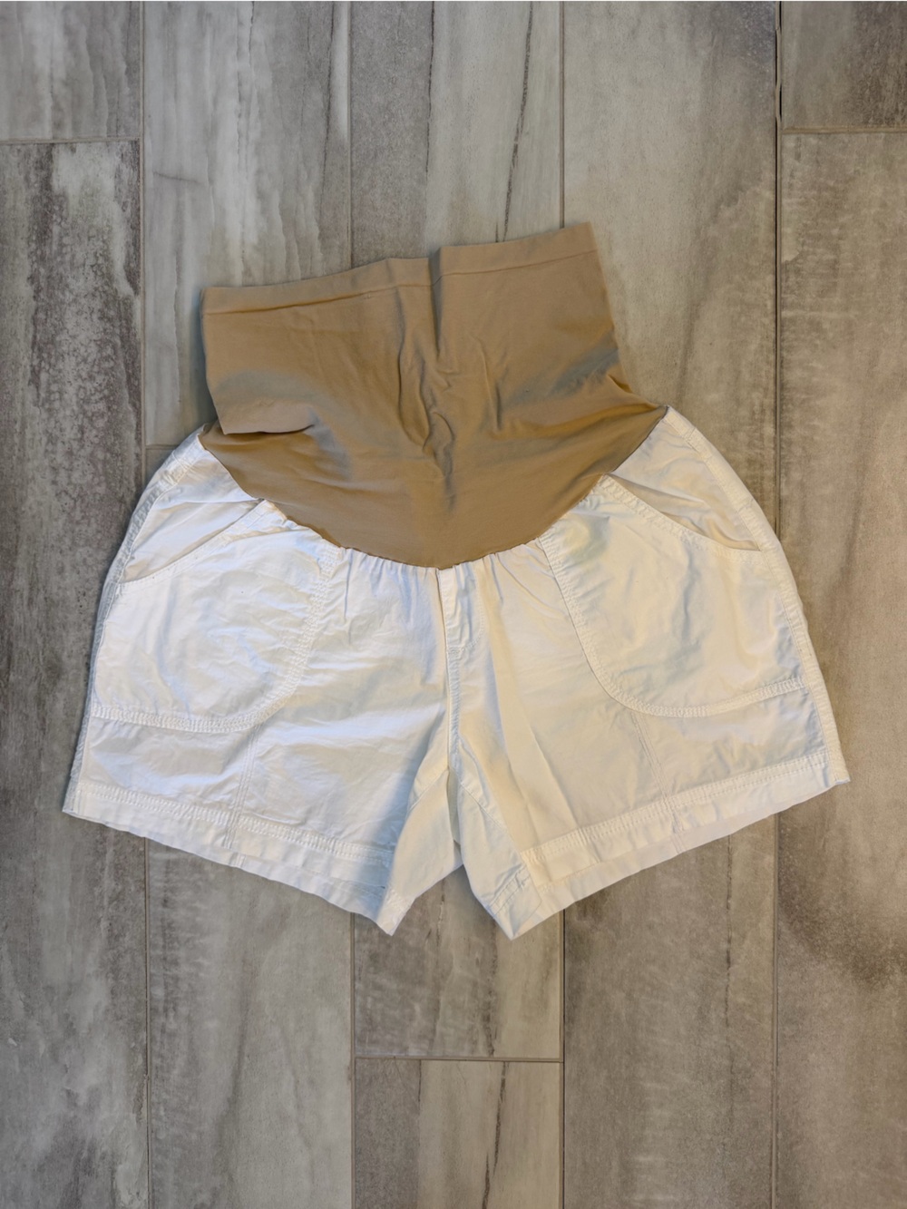 Motherhood Maternity White Shorts with Tan Belly Panel - Size M